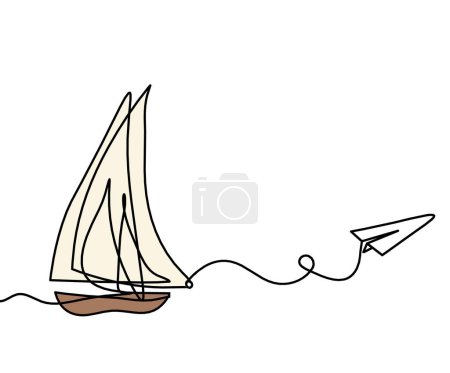 Barco de color abstracto con plano de papel como dibujo de línea sobre fondo blanco