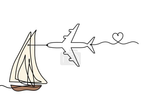Téléchargez les photos : Bateau de couleur abstraite avec avion comme dessin sur fond blanc - en image libre de droit