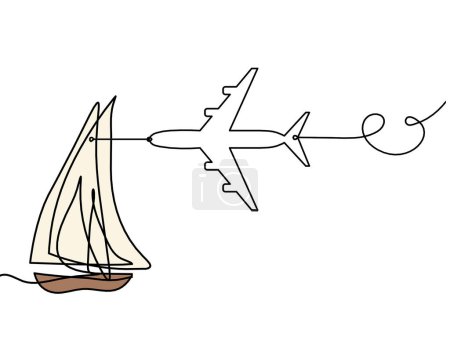 Abstract color boat with plane as line drawing on white background