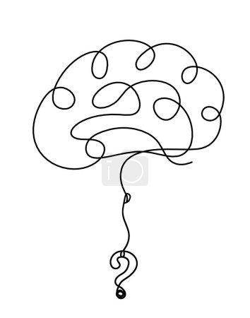 Ilustración de Hombre silueta cerebro con signo de interrogación como dibujo de línea sobre fondo blanco - Imagen libre de derechos