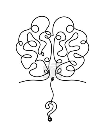 Illustration for Man silhouette brain with question mark as line drawing on white background - Royalty Free Image