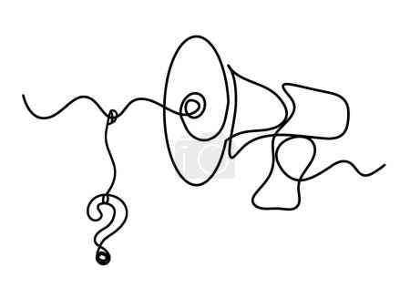 Mégaphone abstrait avec point d'interrogation comme lignes continues sur fond blanc