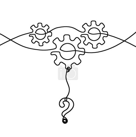 Ilustración de Ruedas de engranajes metálicos redondos abstractos con signo de interrogación como dibujo de línea sobre fondo blanco - Imagen libre de derechos
