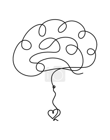 Mann Silhouette Gehirn mit Herz als Linienzeichnung auf weißem Hintergrund