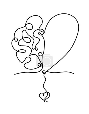 Hombre silueta cerebro con corazón como dibujo de línea sobre fondo blanco