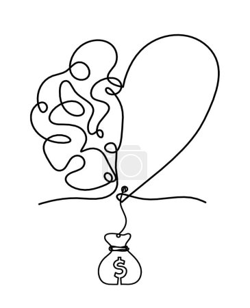 Hombre silueta cerebro con dólar como dibujo de línea sobre fondo blanco