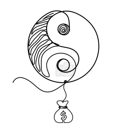 Ilustración de Signo de yin y yang con dólar como dibujo de línea sobre fondo blanco - Imagen libre de derechos