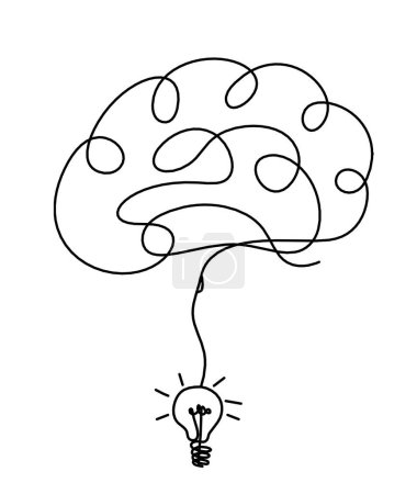 Hombre silueta cerebro con bombilla como dibujo de línea sobre fondo blanco