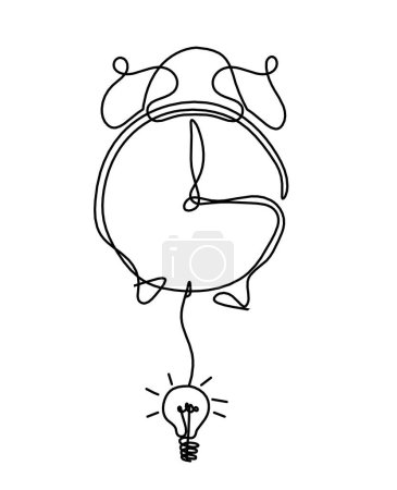 Illustration for Abstract clock with light bulb as line drawing on white background - Royalty Free Image