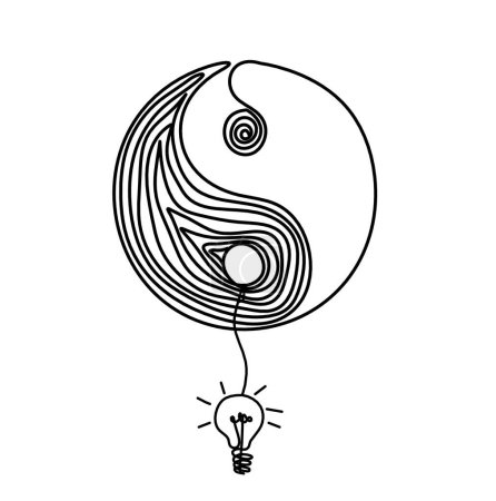 Ilustración de Signo de yin y yang con bombilla como dibujo en línea sobre fondo blanco - Imagen libre de derechos