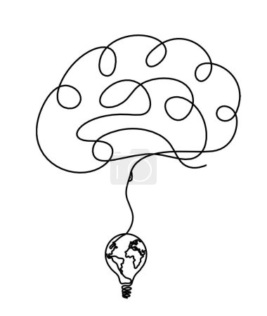 Illustration for Man silhouette brain with globe light bulb as line drawing on white background - Royalty Free Image