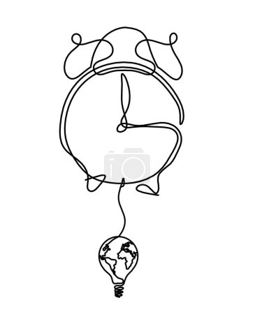 Illustration for Abstract clock with globe light bulb as line drawing on white background - Royalty Free Image