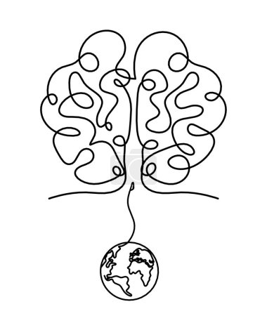 Téléchargez les illustrations : Homme silhouette cerveau avec globe comme dessin de ligne sur fond blanc - en licence libre de droit