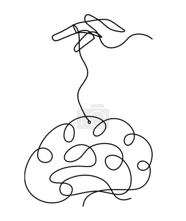Hombre silueta cerebro con la mano como dibujo de línea sobre fondo blanco