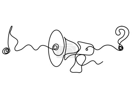 Ilustración de Megáfono abstracto con signo de interrogación como líneas continuas dibujando sobre fondo blanco - Imagen libre de derechos