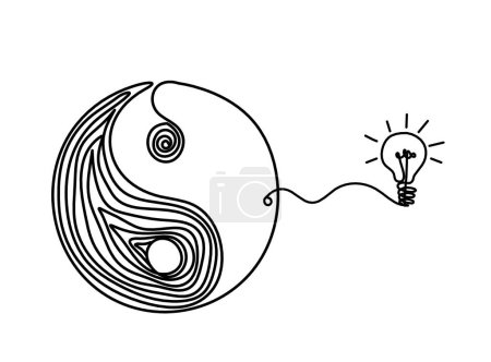 Ilustración de Signo de yin y yang con bombilla como dibujo en línea sobre fondo blanco - Imagen libre de derechos