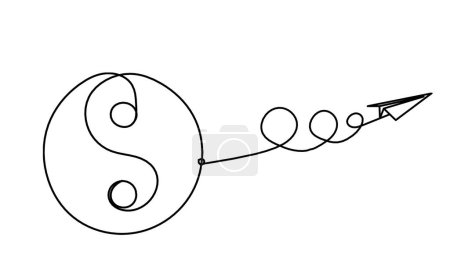 Ilustración de Signo de yin y yang con plano de papel como dibujo de línea sobre fondo blanco - Imagen libre de derechos