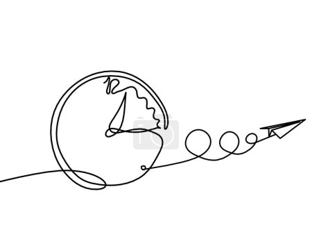 Illustration for Abstract clock with paper plane as line drawing on white background - Royalty Free Image