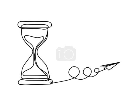 Abstrakte Uhr mit Papierflieger als Linienzeichnung auf weißem Hintergrund
