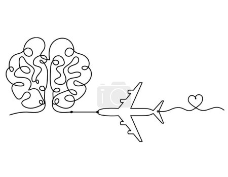 Illustration for Man silhouette brain with plane as line drawing on white background - Royalty Free Image