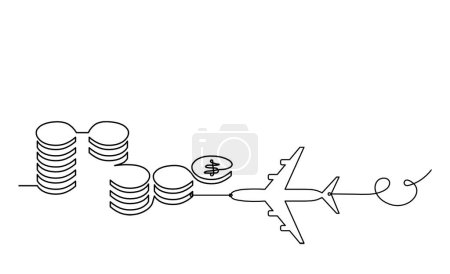 Illustration for Abstract coins with plane as continuous lines drawing on white background - Royalty Free Image