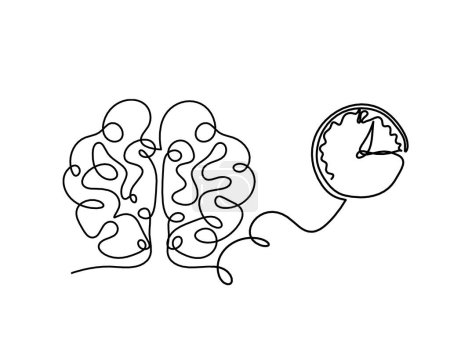 Téléchargez les illustrations : Homme silhouette cerveau avec horloge comme dessin de ligne sur fond blanc - en licence libre de droit