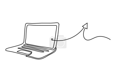 Téléchargez les illustrations : Ordinateur portable abstrait avec signe de direction comme dessin de ligne sur fond blanc - en licence libre de droit