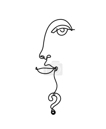 Ilustración de Cara de silueta de mujer con signo de interrogación como imagen de dibujo de línea en blanco - Imagen libre de derechos