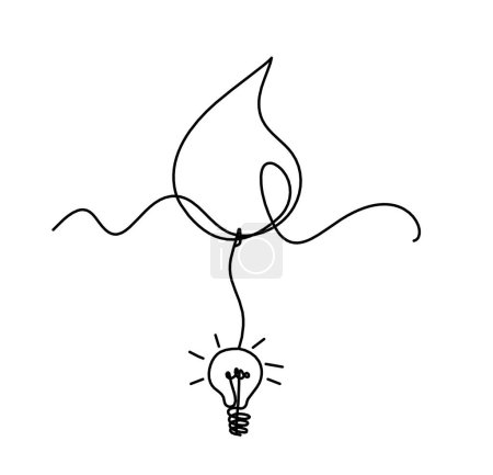 Abstract drop with light bulb as line drawing on white background