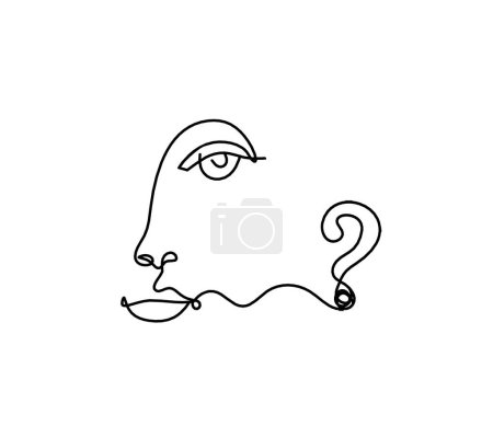 Ilustración de Cara de silueta de mujer con signo de interrogación como imagen de dibujo de línea en blanco - Imagen libre de derechos