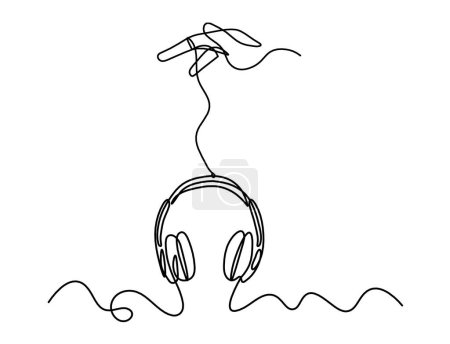 Téléchargez les illustrations : Écouteurs abstraits avec la main comme lignes continues dessin sur fond blanc - en licence libre de droit