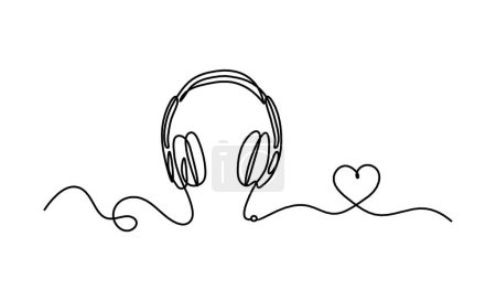 Téléchargez les illustrations : Écouteurs abstraits avec cœur comme lignes continues dessinant sur fond blanc - en licence libre de droit