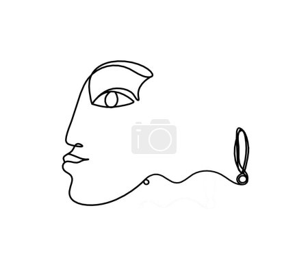 Cara de silueta de mujer con signo de exclamación como imagen de dibujo de línea en blanco