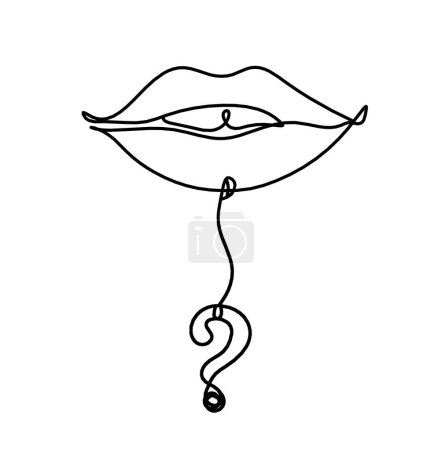 Ilustración de Labios de mujer con signo de interrogación como dibujo de línea en blanco - Imagen libre de derechos