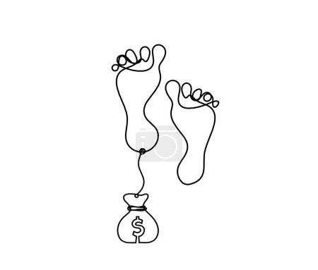 Téléchargez les illustrations : Silhouette de pied abstrait avec dollar comme dessin de ligne sur blanc - en licence libre de droit