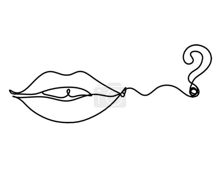 Ilustración de Labios de mujer con signo de interrogación como dibujo de línea en blanco - Imagen libre de derechos