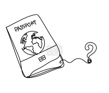 Ilustración de Pasaporte con signo de interrogación como dibujo de línea sobre fondo blanco - Imagen libre de derechos