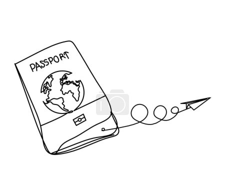 Ilustración de Pasaporte con plano de papel como dibujo en línea sobre fondo blanco - Imagen libre de derechos
