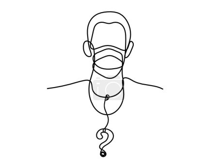 Ilustración de Abstract man face with mask and globe with question mark as line drawing on white background - Imagen libre de derechos