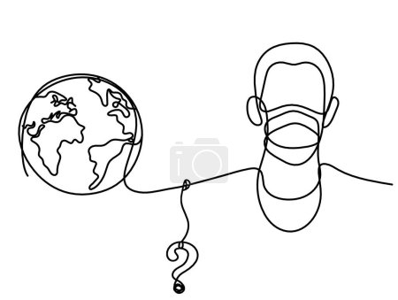 Ilustración de Abstract man face with mask and globe with question mark as line drawing on white background - Imagen libre de derechos
