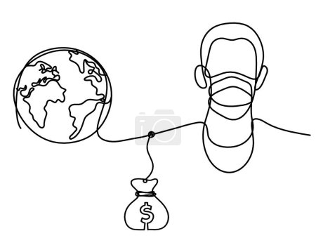 Ilustración de Abstract man face with mask and globe with dollar as line drawing on white background - Imagen libre de derechos