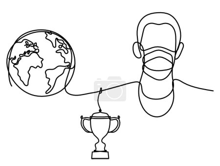 Ilustración de Abstract man face with mask and globe with trophy as line drawing on white background - Imagen libre de derechos