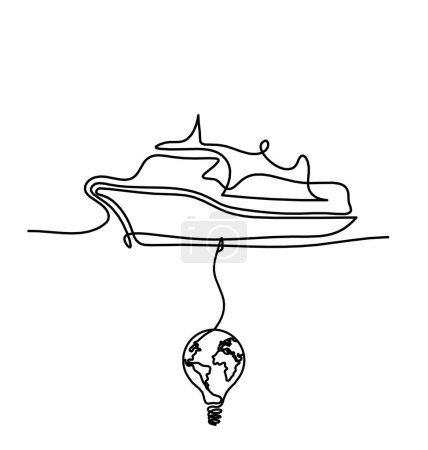 Téléchargez les illustrations : Abstract boat with globe light bulb as line drawing on white background - en licence libre de droit