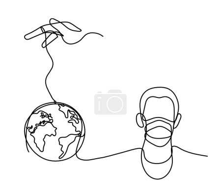 Ilustración de Abstract man face with mask and globe with hand as line drawing on white background - Imagen libre de derechos