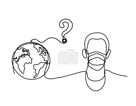 Illustration for Abstract man face with mask and globe with question mark as line drawing on white background - Royalty Free Image