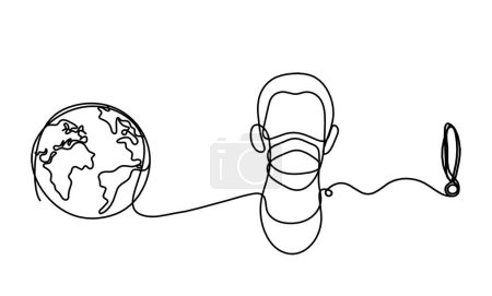 Illustration for Abstract man face with mask and globe with exclamation mark as line drawing on white background - Royalty Free Image