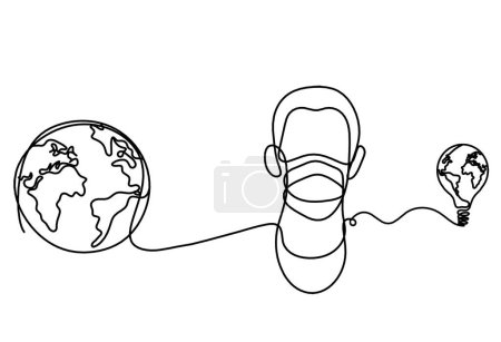 Téléchargez les illustrations : Abstract man face with mask and globe with globe light bulb as line drawing on white background - en licence libre de droit
