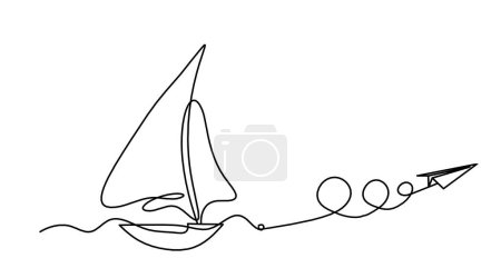 Téléchargez les illustrations : Abstract boat with paper plane as line drawing on white background - en licence libre de droit