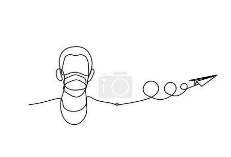 Illustration for Abstract man face with mask and globe with paper plane as line drawing on white background - Royalty Free Image