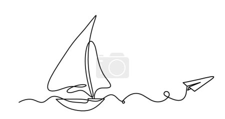 Illustration for Abstract boat with paper plane as line drawing on white background - Royalty Free Image